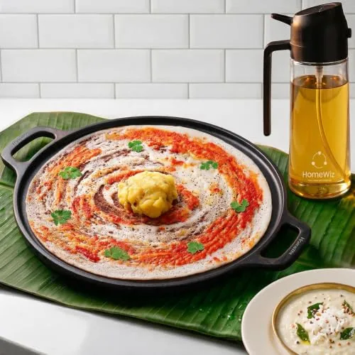 HomeWiz Cast Iron Non Stick Dosa Tawa 30 cm | Free Oil Dispenser 500ml | Pre-Seasoned Cast Iron Tawa for Roti & Dosa | Big Size Cast Iron Dosa Tawa | Lifetime Usage | Works on Induction & Gas Stove