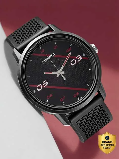Sonata Volt Black Dial Black Polyurethane Strap Analog Watch  - F...more
