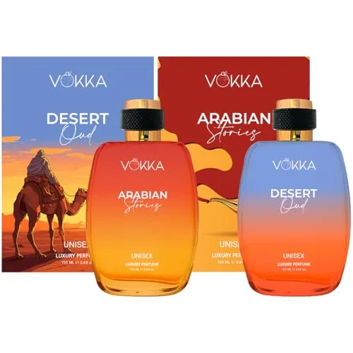 Vokka Desert Oud & Arabian Stories 200 ml | Pack of 2 x 100ml Arabic Unisex Luxury Long Lasting Fruity Woody Perfume Gift Set For Men And Women | Spicy Scent Eau De Parfum | Notes: Fruity Spicy