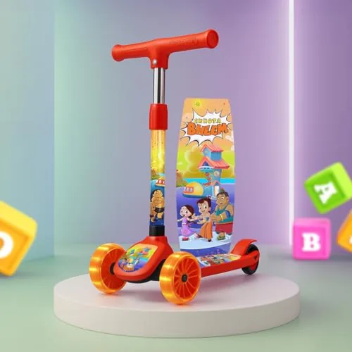 Kidsmate Chhota Bheem® Kick Scooter with Broad LED PVC Wheels | Non-Slip Wide Deck with Push Brake Kids Scooter for Age 3+ Yrs | 4-Level Height Adjustable | Max User Weight 50Kg - Red