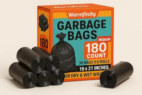 Warmfinity Garbage Bag Medium 19 x 21 Inches | 180 Count | 30 Bags X 6 Rolls | For Dry & Wet Waste