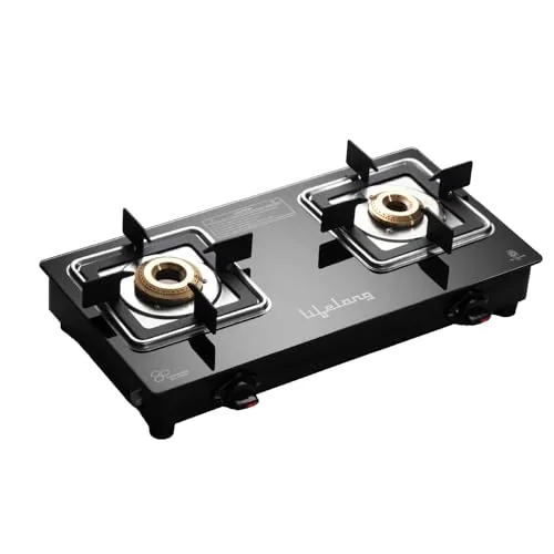 Lifelong Gas Stove 2 Burner | Premium Brass Burners, Glass Top, Manual Ignition | Square Pan Support, ISI Certified LPG Stove for Modular Kitchen | Black, 1 Year Warranty