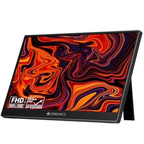 Zebronics 15.6” Portable Monitor, FHD 1080p, 60° Adjustable Stand, 16:9 Aspect Ratio, 250Nits, 16.7M Colors, Type-C PD Input, Type-C Input, Mini HDMI, Built-in Speakers, Wall-Mountable (Pixigo A16S)