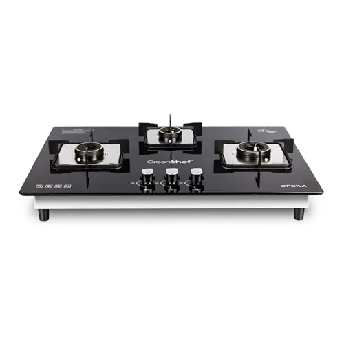 Greenchef Opera Hob top three burner gas stove – Auto Ignition, Toughened Glass, LPG Compatible, Sleek and compact design