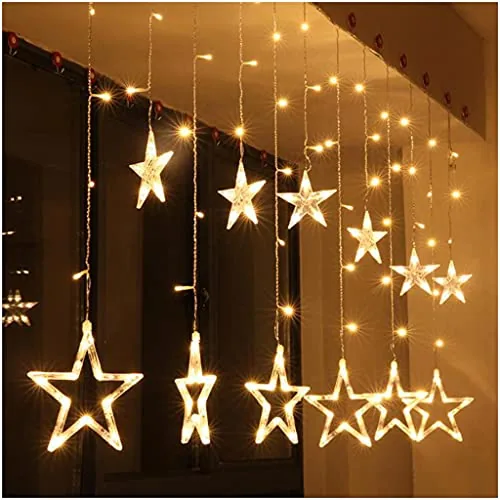 The Purple Tree Plastic Decorative Star Curtain LED Lights for Diwali (2.5 mtr, 138 LED, 6+6 Star), Curtain String Lights with 8 Flashing Modes, Decoration for Christmas, Wedding, Party, Warm White