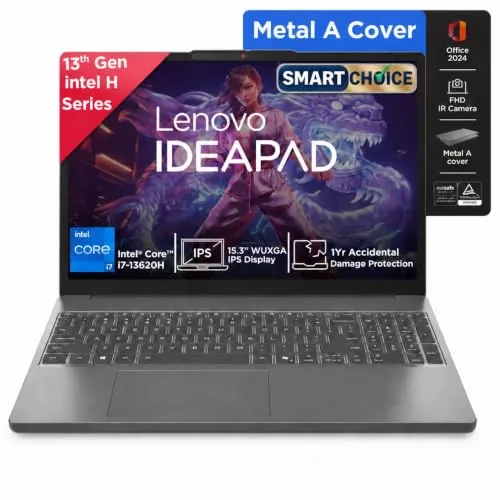 Lenovo IdeaPad Slim 3 Smartchoice 13th Gen, Core i7-13620H, 16GB RAM, 512GB SSD, WUXGA IPS, 15.3 inch (38.8cm), Windows 11, Office 24, Grey, 1.6Kg, 83K1016UIN, Top Metal Cover, Backlit KB, Laptop