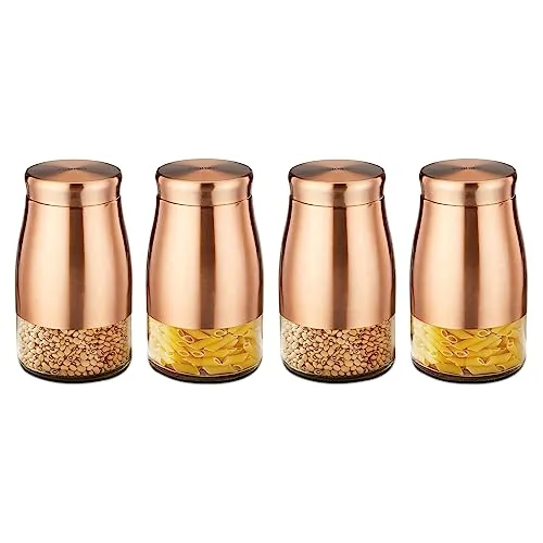 Amazon Brand - Solimo Rose Gold Tapered Glass Jar | Multipurpose Kitchen Organizer with See-Through Window | 1150 ml Set of 4