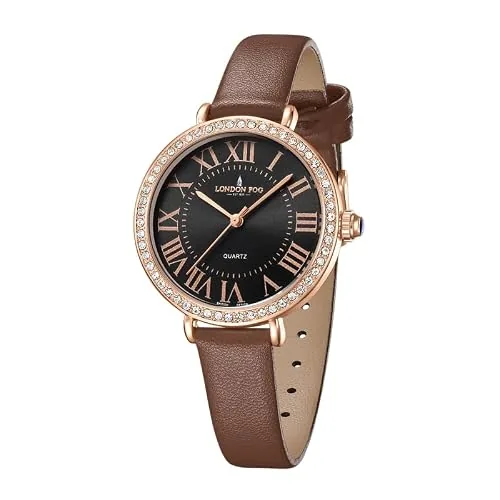 London Fog Analog Quartz Watch for Women with Black Round Dial, Roman Numeral Hour Markers, Crystal-Studded Bezel and Brown Leather Strap - LFW20007-05