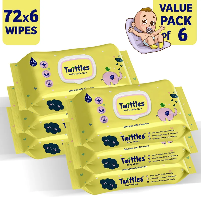 Twittles Soft & Gentle Baby Cleansing Wipes With Lid, 99% Water & Aloe Vera | Pack of 6 (6 Wipes)