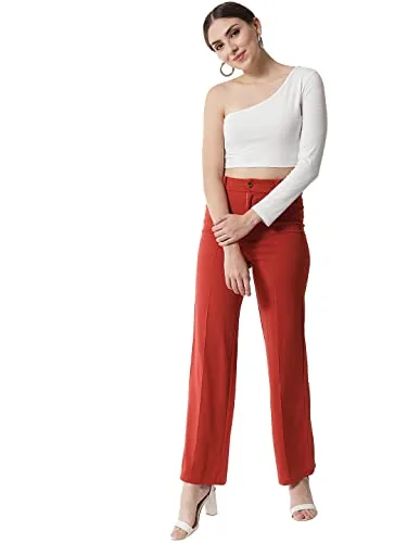 KOTTY Women Polyester Blend Orange Solid Trousers(Red Orange,28)