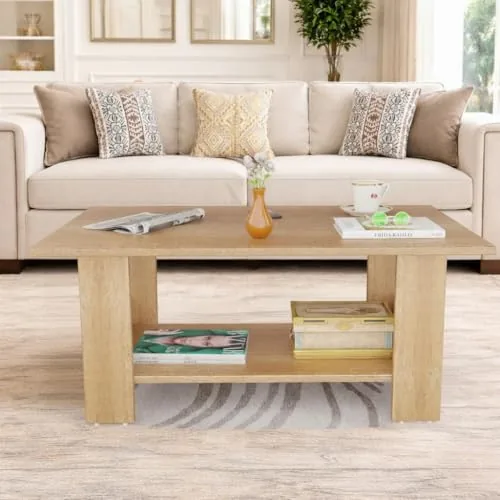 Spyder Craft Modern Coffee Table with Open Storage Shelf – Minimalist Rectangular Center Table for Living Room, Office, and Lounge – Durable Engineered Wood, Easy Assembly (Oak) (Assembly -DIY)