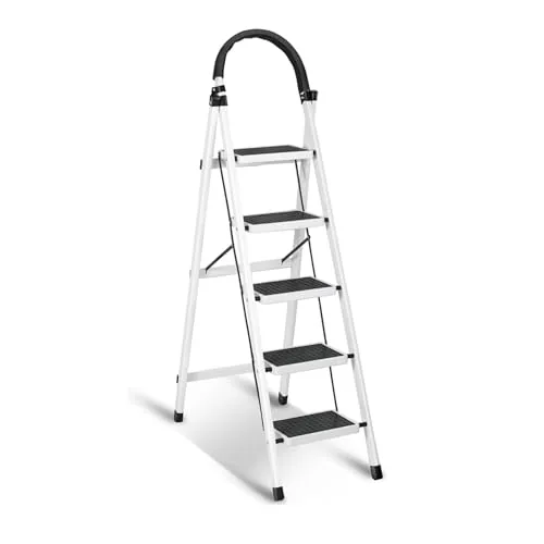 Sulfar Foldable 5-Step Ladder With Wide Anti-Slip Pedal - Sturdy Steel Folding Step Stool for Home, Kitchen, Garden, Office - Adults