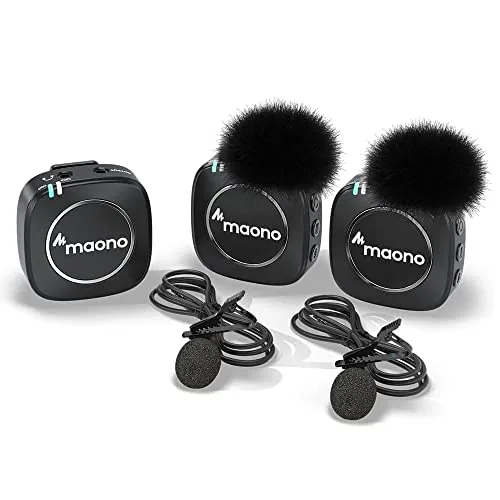 MAONO Compact Wireless Lavalier Microphone, 2.4GHz Dual Lapel Mics with Real-time Monitoring, Gain Adjustment and Mute for Interview, Vlogging, Live Streaming, Phone, Camera (WM820 A2)