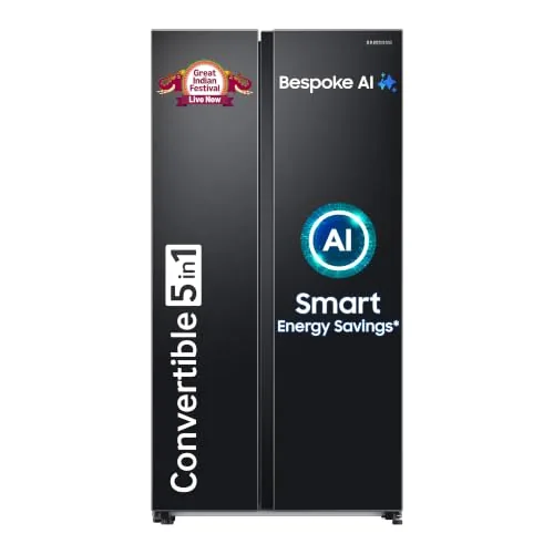 Samsung 653 L, 3 Star, Frost Free, Double Door, Convertible 5-in-1 Digital Inverter, Side By Side AI Enabled Smart Refrigerator with WiFi (RS76CG8003B1HL, Black Matte/Black DOI)