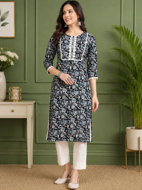 SEVEN FLOWER Women Floral Printed Thread Work Indie Florals Kurta