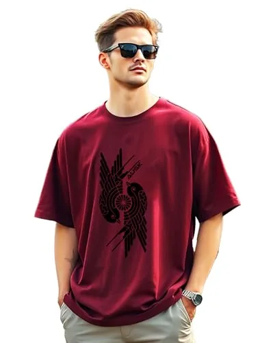 AUSK Mens Loose Fit Oversized Printed Cotton T-Shirts Half Sleeve Drop Shoulder Men Tshirt Maroon