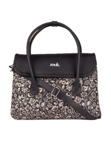 ZOUK Flomotif Floral Printed Jute Handcrafted Vegan Leather Black Women's Satchel Bag | Ladies Purse Handbag | Double Handle Detachable Strap