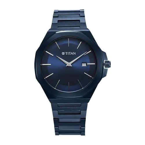 Titan Classic Slim Quartz Analog with Date Blue Dial Stainless Steel Strap Watch for Men-90167QM01