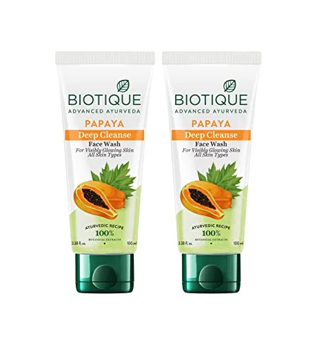 Biotique Papaya Deep Cleanse Face Wash | Gentle Exfoliation | Visibly Glowing Skin | 100% Botanical Extracts| Suitable for All Skin Types | 2x100ml