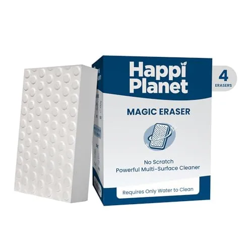 Happi Planet Magic Eraser | Pack of 4 | No Scratch Multi-Surface Cleaning Sponge | Removes 100+ Tough Stains | Just Add Water | Walls, Kitchen, Bathroom, Shoes & Switch Boards