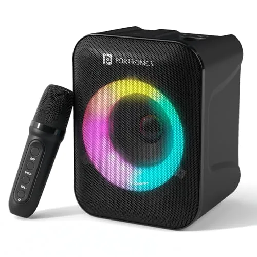 Portronics Apollo One 20W Wireless Bluetooth Portable Speaker with Wireless Karaoke Mic, 5 Hour Playtime, RGB LED Light, Bluetooth V5.3, Easy Grab Handle, USB/AUX in/TF Card, Type C Charging(Black)