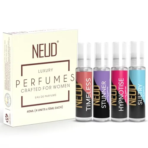 NEUD Luxury Perfume Gift Set 4 x 10 ml for Women, Long Lasting Fragrance, Travel Friendly EDP, Pocket Perfume for Women, Birthday Gift for Girlfriend, Sister, Anivarsary Gift for Wife