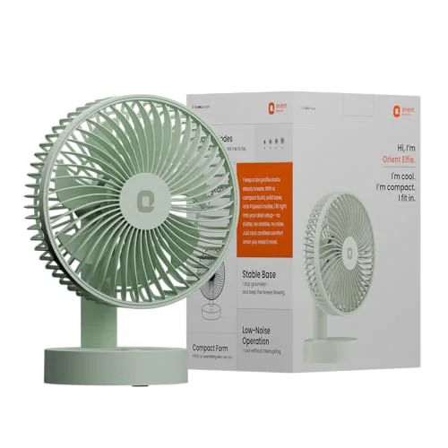 Orient Electric Elfie Rechargeable Personal Fan | 90° Adjustable Airflow | 1800 mAh Battery | 4 Speed Modes | Quiet Operation | USB Type-C Charging | Compact Mini Fan | Matcha Green
