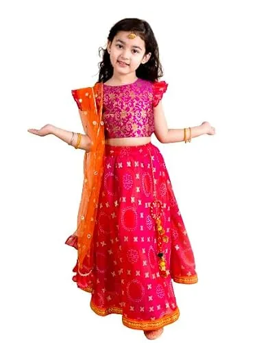 Pspeaches Girl's Pink Purple Polyester Readymade Lehenga Choli Set (Pink-12-14Y)