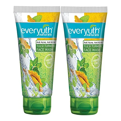 Everyuth Naturals Anti Acne Anti Marks Tulsi Turmeric Face Wash | Tulsi & Turmeric | Reduces Pimples, Acne Marks & Blemishes | 100% Soap-Free | Paraben-Free | 150g Tube (Pack of 2)