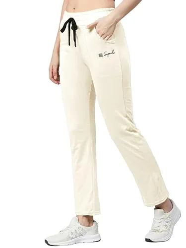 Women's Premium Cotton Solid Track Pant with Elastic Waistband, Adjustable Drawstring and Side Pockets White