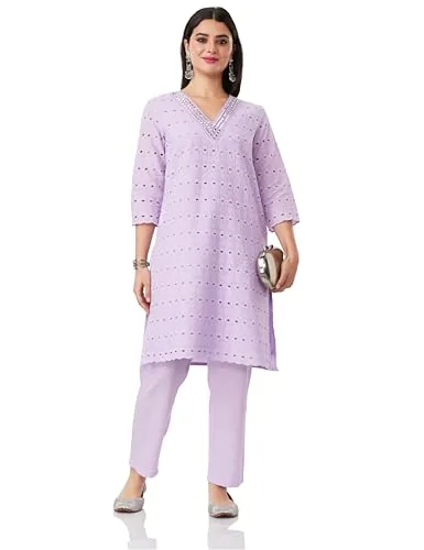 Amazon Brand - Myx Women's Schiffli Embroidery Kurta Pant Co-Ord Set (SS25-MYX-SUR-KS-14_Lilac_XS)