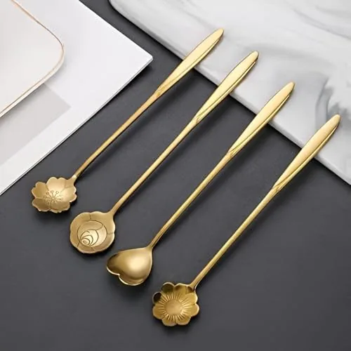 Gold Tone Dessert Spoon Set with Decorative Flower and Heart Shaped Spoon Heads 4 Pcs AG4S-6