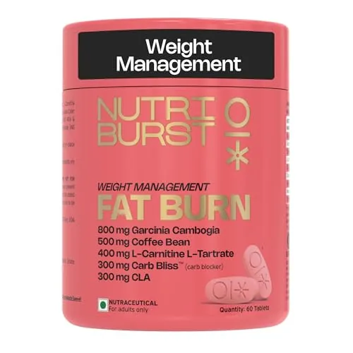 Nutriburst Fat Burn Tablets for Men & Women | Weight Management Supplement with Garcinia Cambogia, Green Coffee Bean, L-Carnitine, CLA & Carb Blocker | 60 Tablets | 1-Month Pack