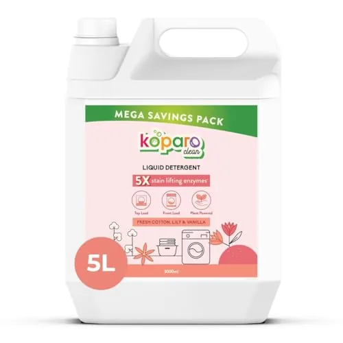 Koparo Liquid Detergent | 5 Litre | Top Load & Front Load Washing Machine Liquid Detergent | Organic Bio-Enzymes Laundry Detergent | Tough on Stains, Safe for Kids & Sensitive Skin | Lily & Vanilla