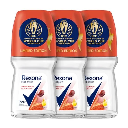 Rexona Sandalwood & Jojoba Oil Antiperspirant Roll-On | for Women | 72H Odour Protection | Limited Edition Pack - ICC Women’s Cricket World Cup India 2025 |50 ML (Pack of 3)