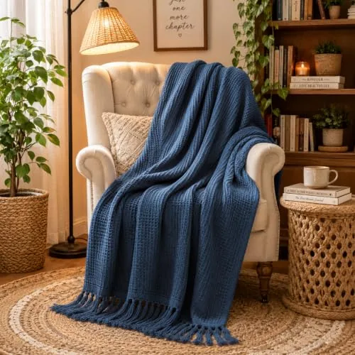 Amazon Basics Waffle Throw Blanket | Knit & Chevron Pattern with Fringes | Aesthetic Decorative Couch Throw for Living Room, Sofa, Bed and Chair | 152x125 cms | 100% Cotton Throw | Blue