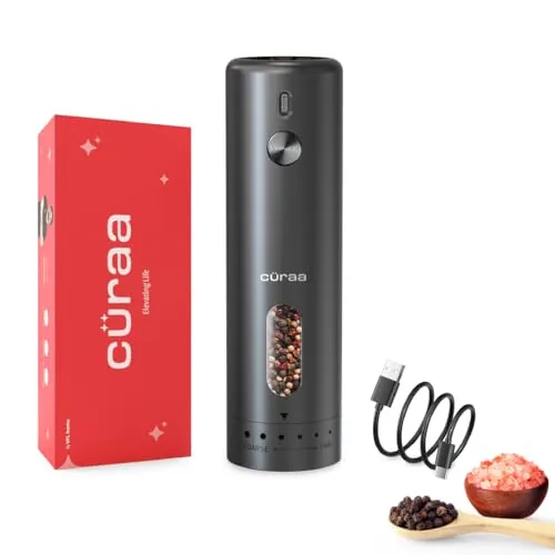 CÜRAA Electric Pepper Grinder with Adjustable Coarseness for Precision Seasoning | Rechargeable, One-Hand Operation | Automatic Pepper Mill for Kitchen | By Chef Sanjyot Keer