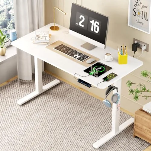 Lukzer Electric Height Adjustable Desk with USB & Type-C Port Ergonomic Work from Home Study Table Digital Display Advance Memory Preset Table (EST-003/UC-White & White/120 x 60 cm) 3 Years Warranty