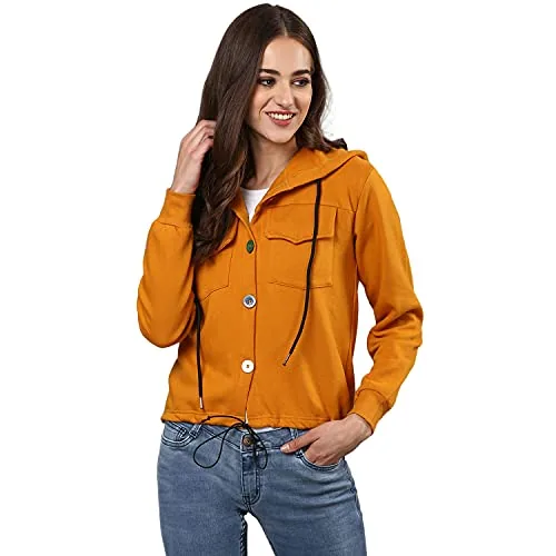 Campus Sutra Women's Mustard Yellow Solid Regular Fit Zipper Sweatshirt with Hoodie for Winter Wear | Full Sleeve | Cotton Sweatshirt | Casual Sweatshirt for Woman | Stylish Sweatshirt for Women