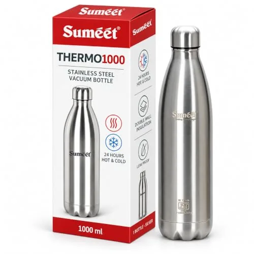 Sumeet Thermo1000 Stainless Steel Vacuum Flask 1000ml, Silver | 12-24 Hours Hot & Cold, ISI Certified, Double Walled, Leak Proof