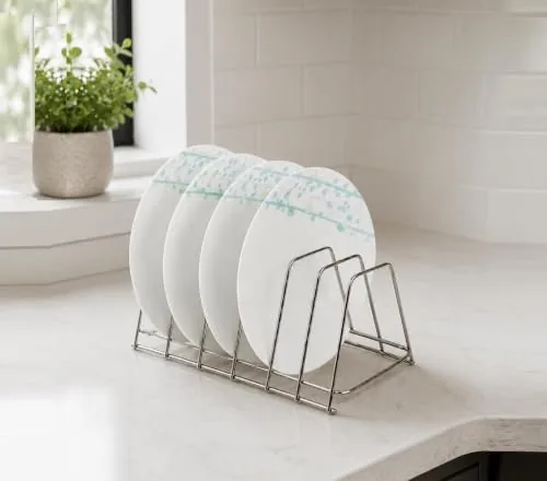 NH10 DESIGNS Steeliness Steel Dish Rack Plate Stand For 6 Layer Table Stand, Plates Holder Kitchen, Kitchen Rack, Stainless (Pack Of One, Nhspcountertop, Floating Shelves)