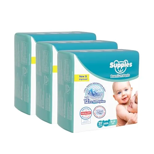 Amazon Brand - Supples Premium Baby Diaper Pants | 66 Baby Diapers | XXXL | 18-35 Kg | 12 Hrs Absorption | Cushiony Cotton Soft Fabric | Phthalates-Free | Triple Leak Guard | 22 Count, Pack of 3