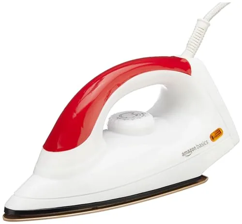 amazon basics 1000 Watts Dry Iron with Non-Stick Soleplate | Stainless Steel Base | Ergonomic | Red and White