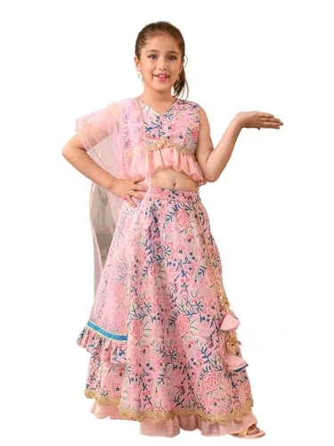Pspeaches Girl's Cotton Readymade Lehenga Choli (L-Pinkbluejaal_Pink_13-14Y)