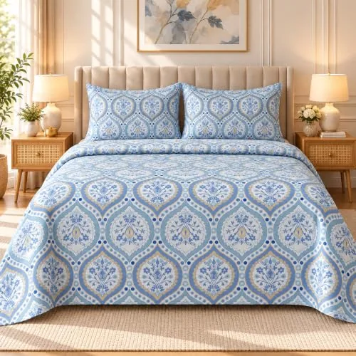 BSB HOME 240 TC Premium Floral Printed Double Bedsheet with 2 Pillow Covers, Soft Breathable King Size Bed Sheet, Elegant Bedroom Decor, Comfortable Care - 90 x 100 Inches (229 x 254 cm) - Powder Blue