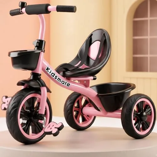 Kidsmate Zoom Trike Cycle for Kids 2-5 Years | Tricycle for Kids | Tricycle for Boys & Girls | Baby Cycle with Anti-Skid EVA Wheels, Bell, Front & Rear Basket, Comfortable Seat | 30kg Capacity - Pink