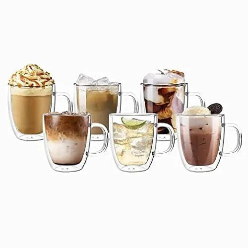SIMPARTE Orchid Double Wall Glass Coffee Mugs 350ml Set of 6 Insulated Crystal Clear Tea Cups with Handle for Hot & Cold Coffee Latte Cappuccino Espresso Microwave Safe Stylish Borosilicate Drinkware