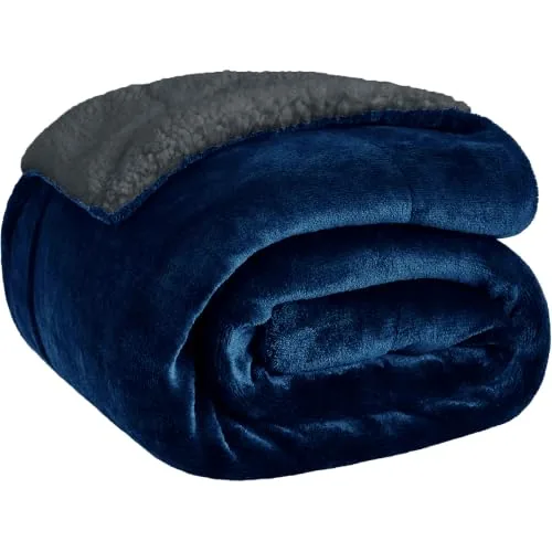 MollisHomes Sherpa Double Bed Blanket 400 GSM, 220x240 cm, Navy Blue