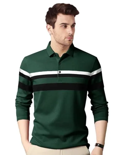 Noble Monk Men Striped Polo Neck Cotton Blend T-Shirt