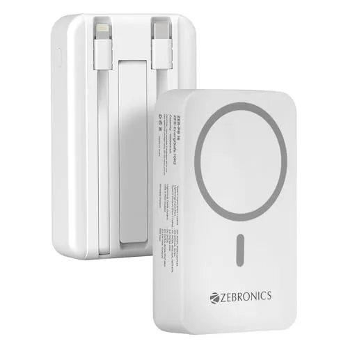 ZEBRONICS EnergiSafe 10R2 || 10000mAh MagSafe Wireless Power Bank | 15W Wireless & 22.5W PD (PPS) Fast Charging | Built-in Stand | Type-C & Lightning Cable | 5× Outputs | for iPhone & AirPods (White)